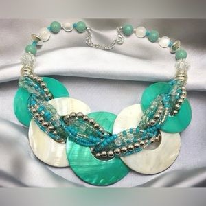 Mother of Pearl shell, glass, metal, lucite & moonglow beaded statement bib